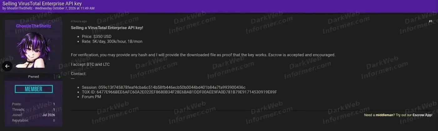 VirusTotal Enterprise API Key Offered for Sale for $350 (source : DarkWebInformer )