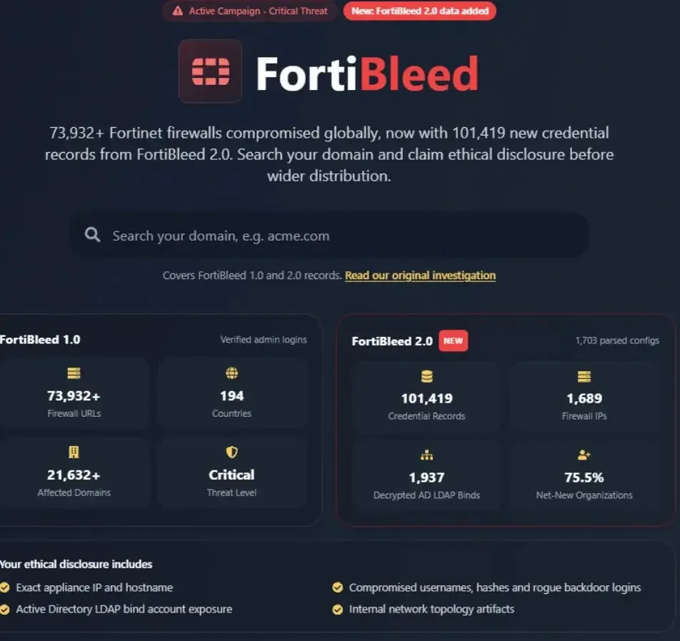 Overview of Hudson Rock’s free FortiBleed lookup portal (source : infostealers )