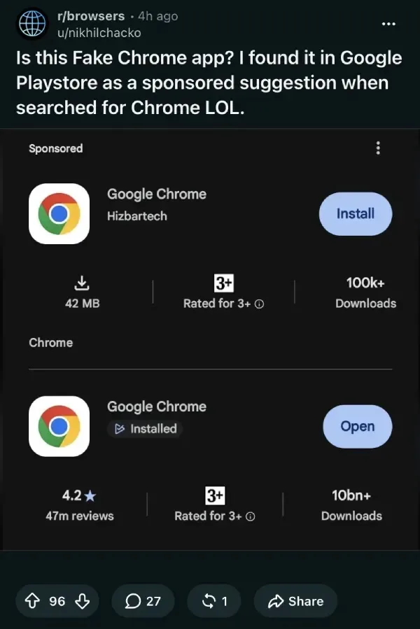 Fake Chrome app sitting at the top of the search results (Source - PiunikaWeb)