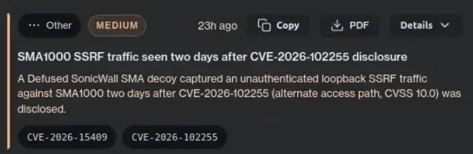 Unauthenticated SSRF traffic targeting SonicWall SMA decoys (source : DefusedCyber )