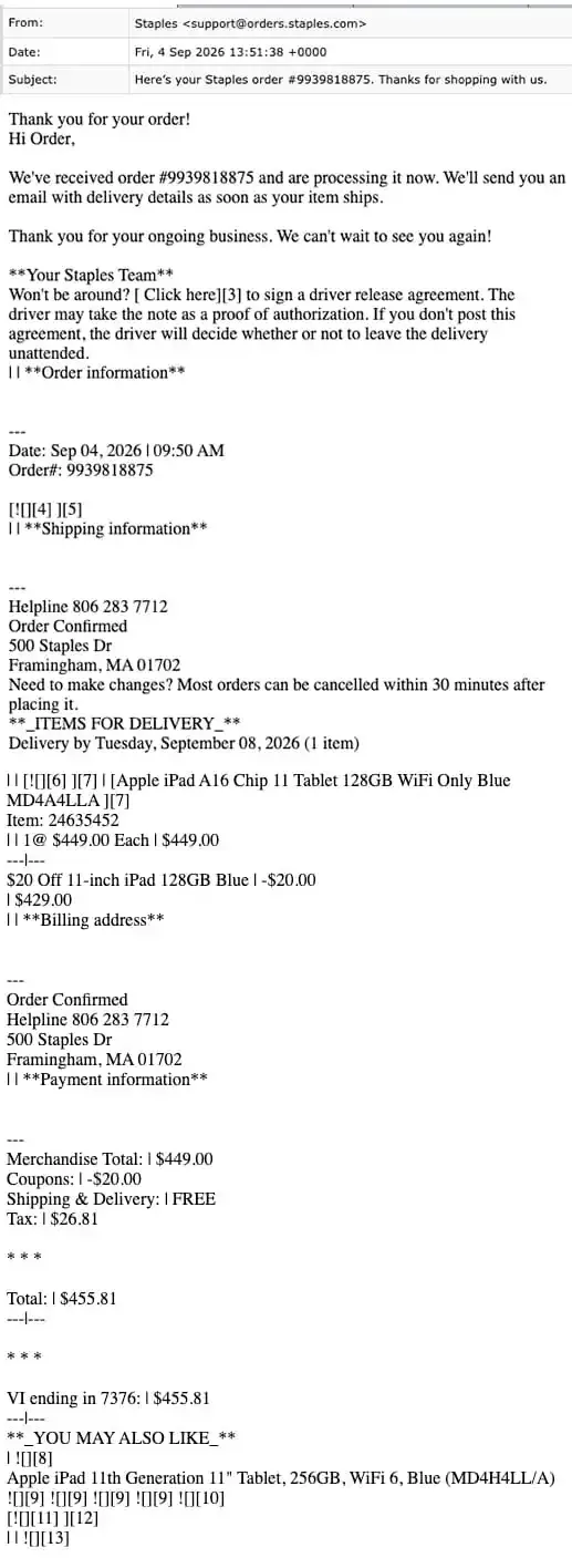 Staples order notification (Source – Cisco Talos)