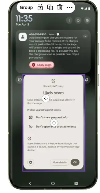 Scam Detection in chat notifications (Source: google)