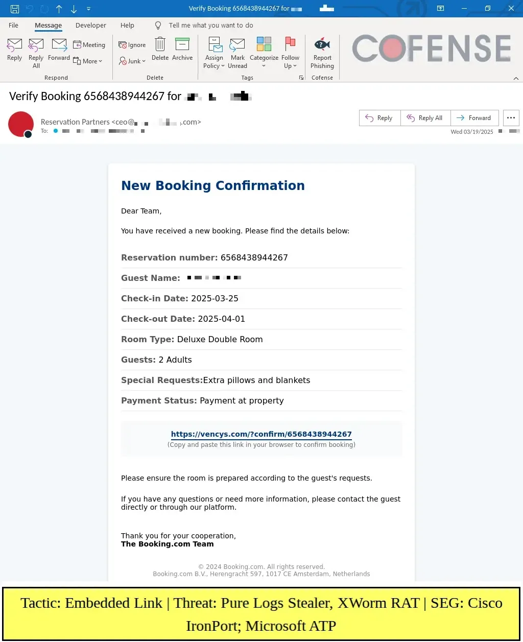 A sample Booking.com-spoofing email (Source - Cofense)
