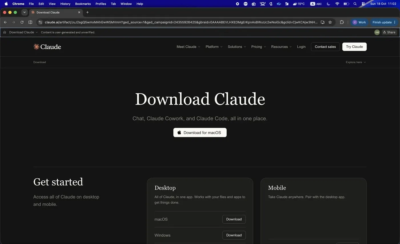 MALICIOUS — the fake “Download Claude” page hosted as a claude.ai Artifact (Source - GenDigital)