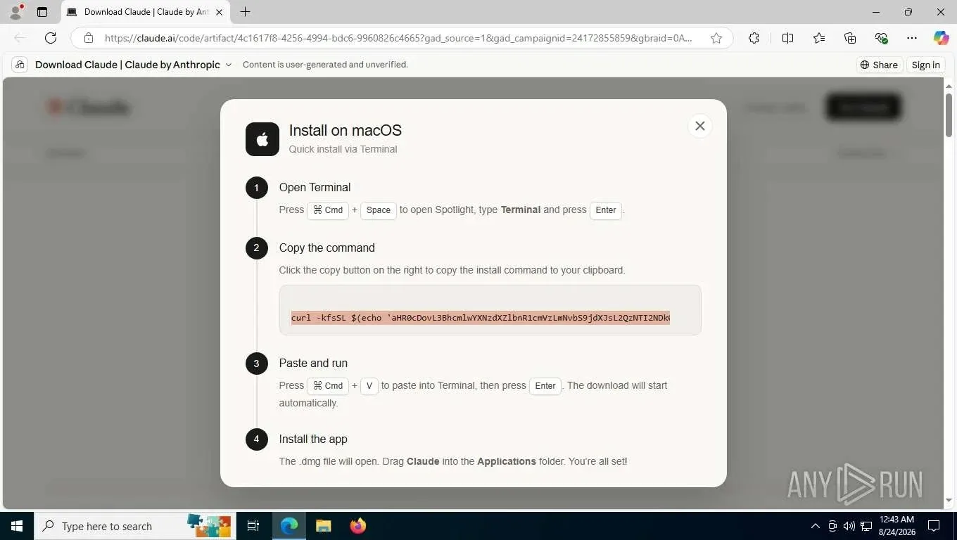 AI attack asking the potential victim to download Claude on a macOS device