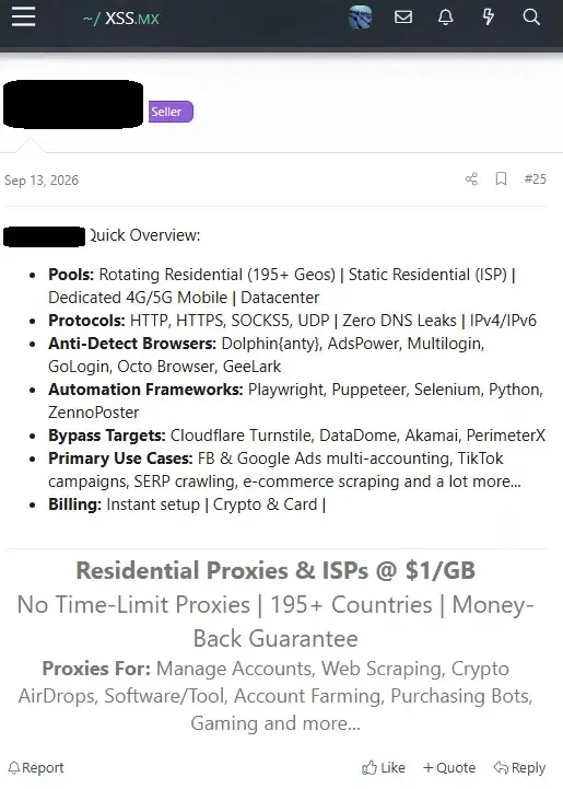 A proxy seller on an underground forum listing Kameleo as part of a complete operational stack (Source - Check Point)