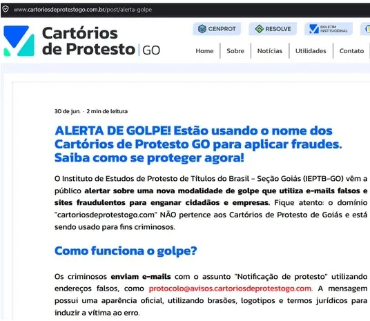 Alert from the Protest Notary of the state of Goiás about the scam (Source - WatchGuard)