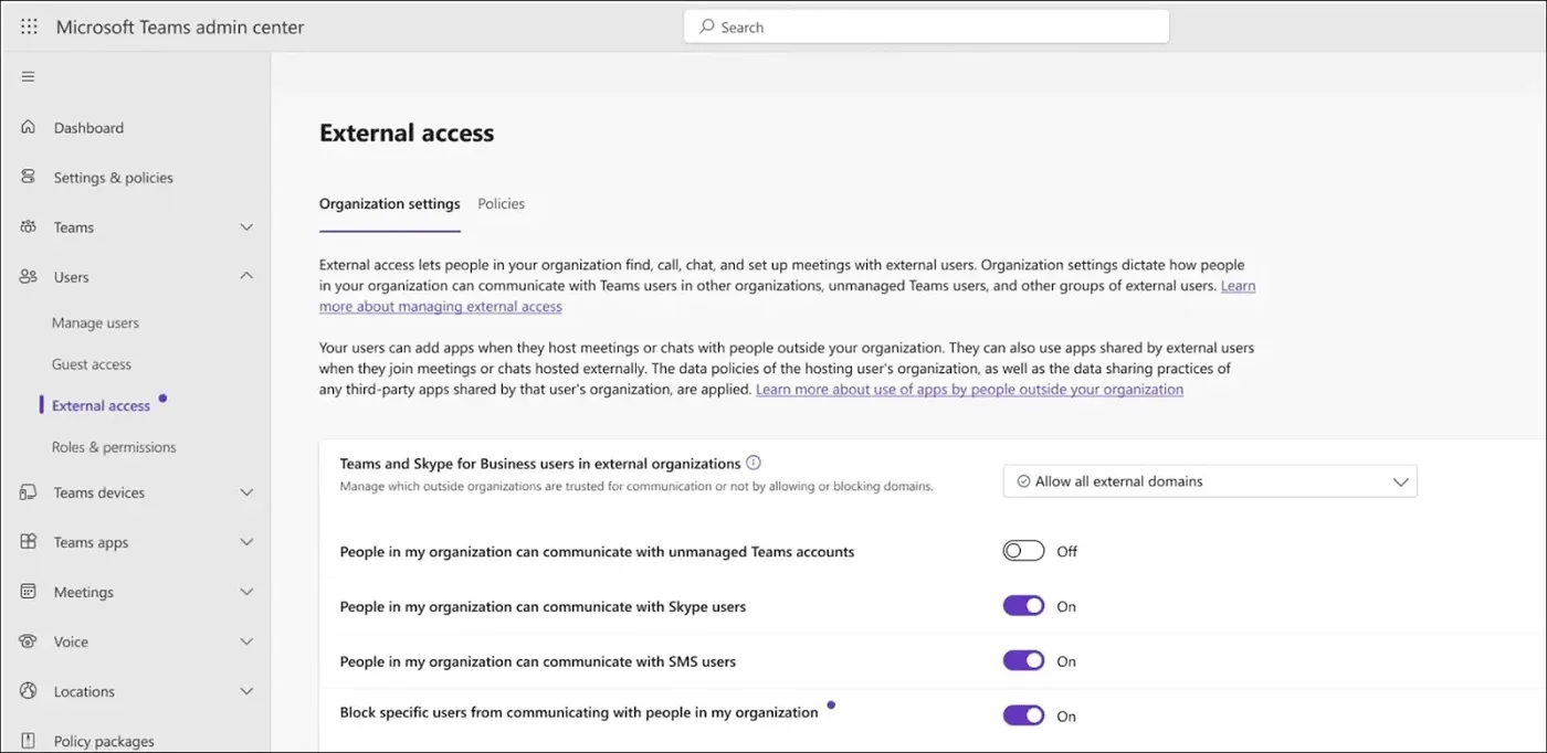 How to switch off the “External Access” setting in Microsoft Teams (Source - Arctic Wolf)
