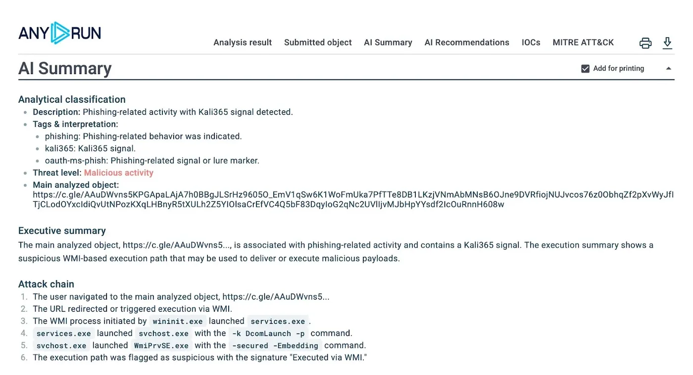 A fragment of Tier 1 analysis report with AI Summary. ANY.RUN Sandbox