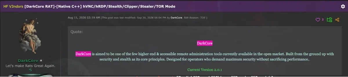 DarkCore’s marketplace listing (Source - Blackfog)