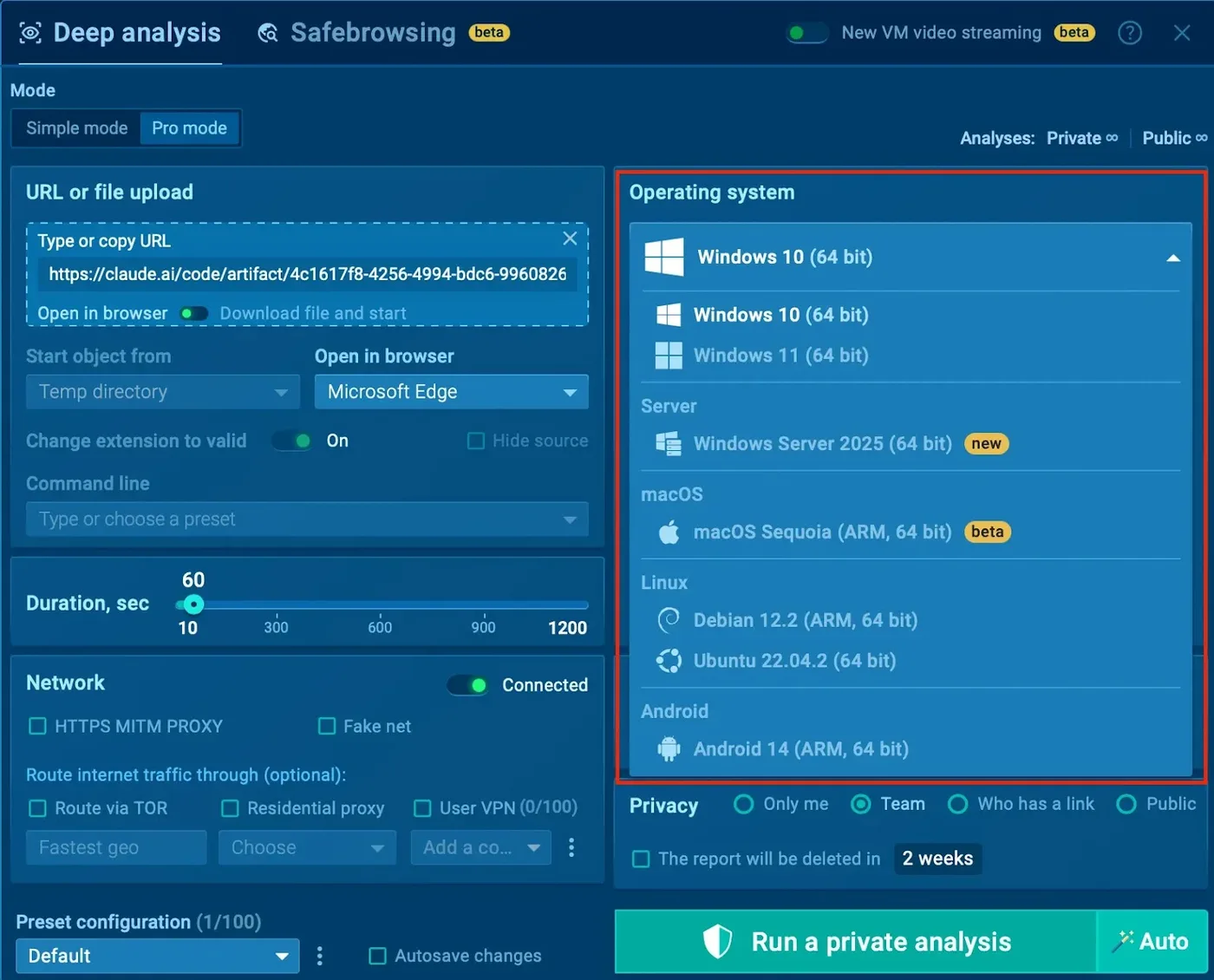 Available operating systems inside ANY.RUN sandbox for cross-platform analysis