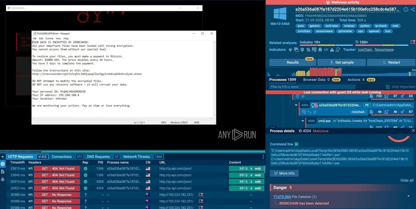 Behavioral analysis of IronChain ransomware in ANY.RUN’s Interactive Sandbox