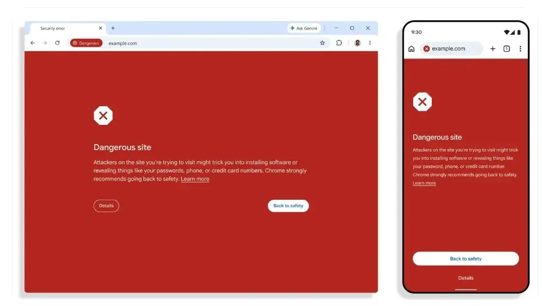 Dangerous site warnings in Chrome ( source : google )
