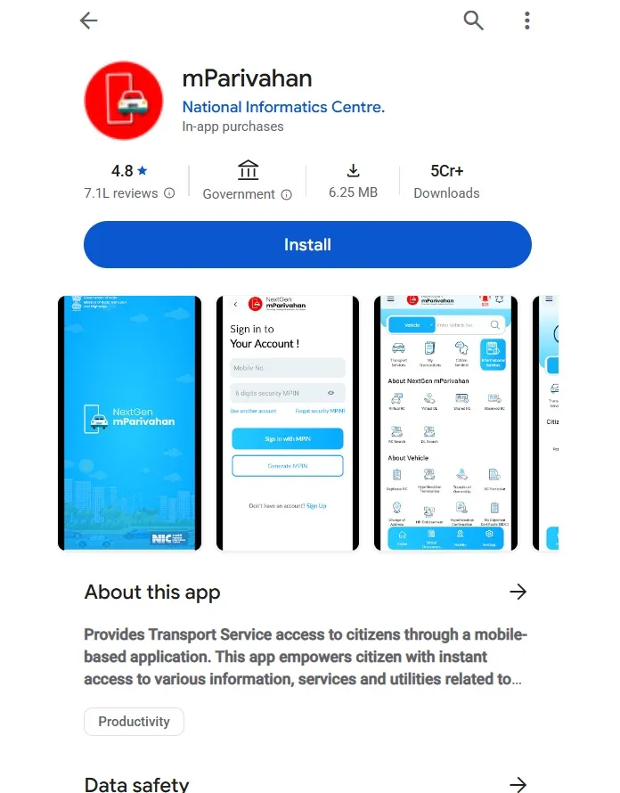 Fake Google Play Store-style mParivahan installation website (Source - Cyble)